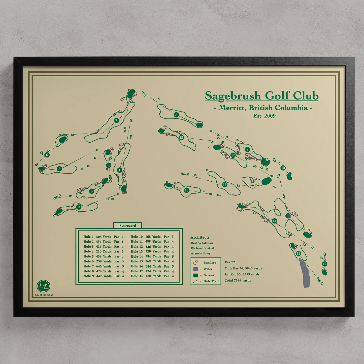 Framed Sagebrush Golf Club map in a black wood frame showing the minimalist Rod Whitman design and Nicola Lake views.