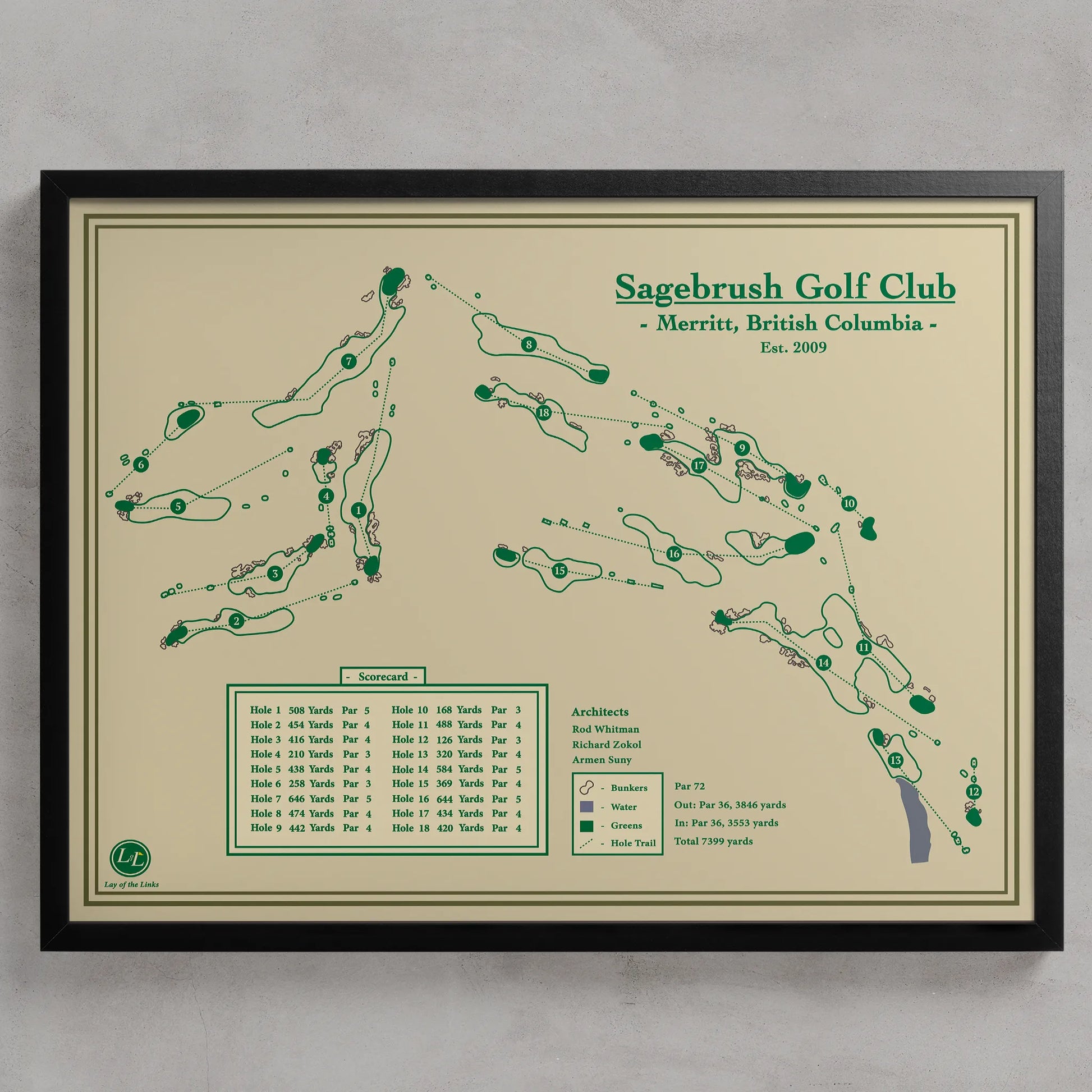 Framed Sagebrush Golf Club map in a black wood frame showing the minimalist Rod Whitman design and Nicola Lake views.