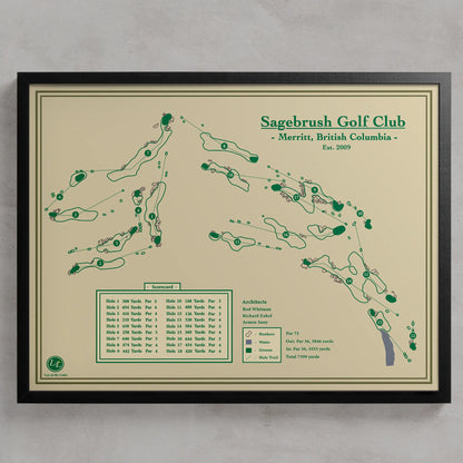 Framed Sagebrush Golf Club map in a black wood frame showing the minimalist Rod Whitman design and Nicola Lake views.