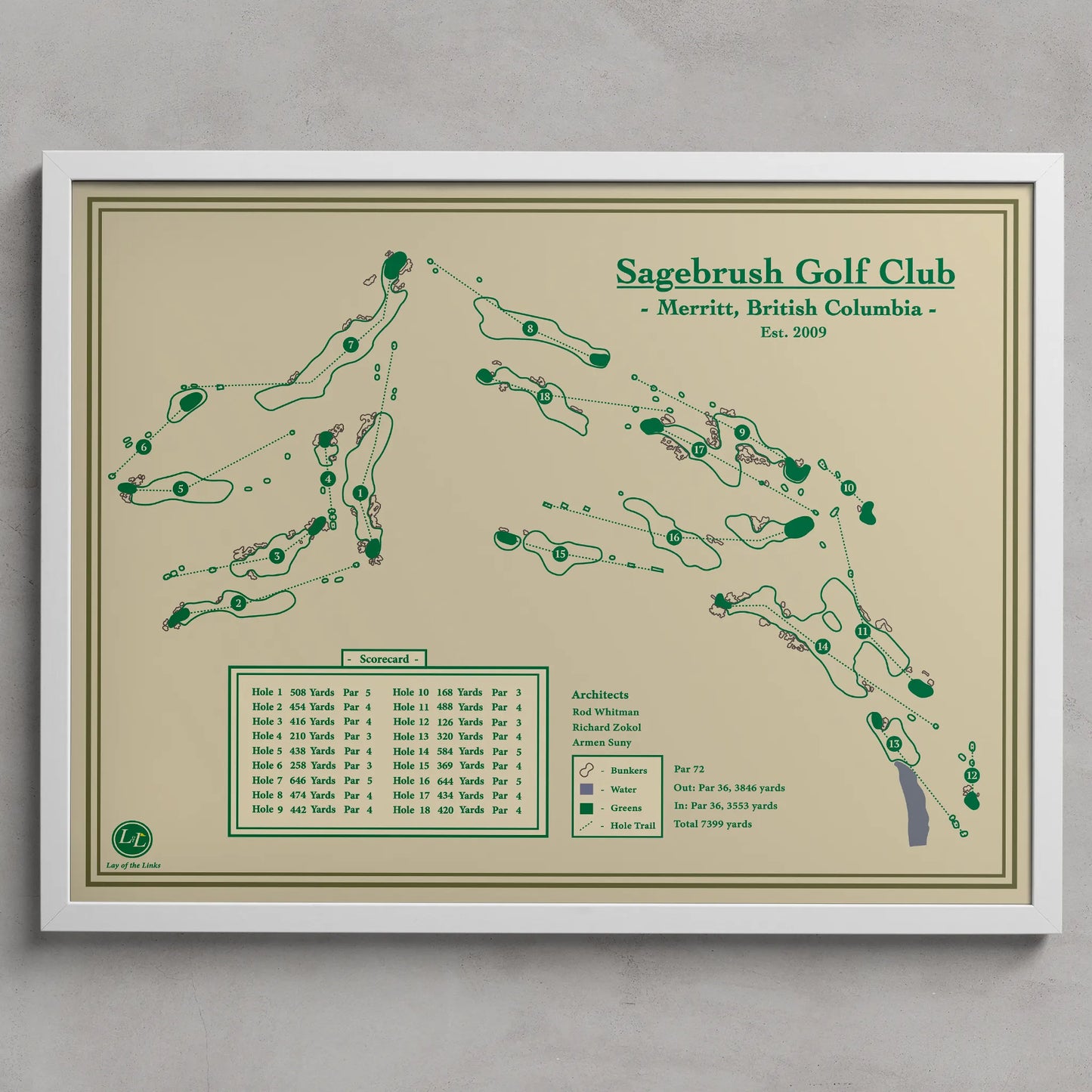 Sagebrush map print in a white frame, featuring the rugged high-desert course in Merritt, British Columbia.