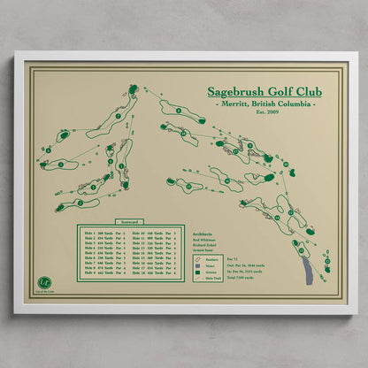 Sagebrush map print in a white frame, featuring the rugged high-desert course in Merritt, British Columbia.