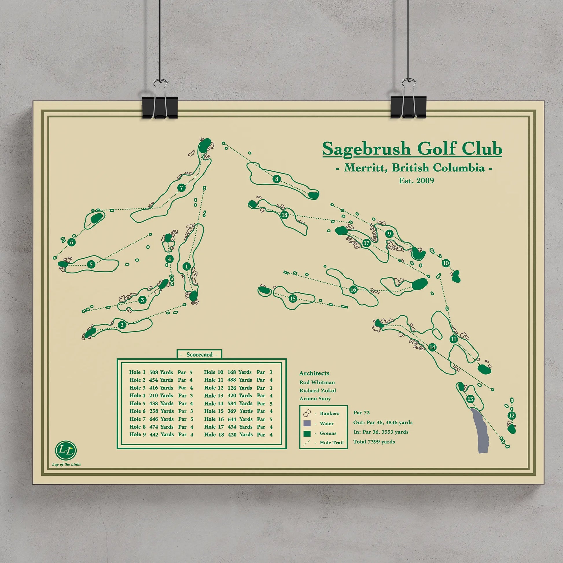 Sagebrush Golf Club map poster print showing the firm and fast routing winding through the natural terrain.