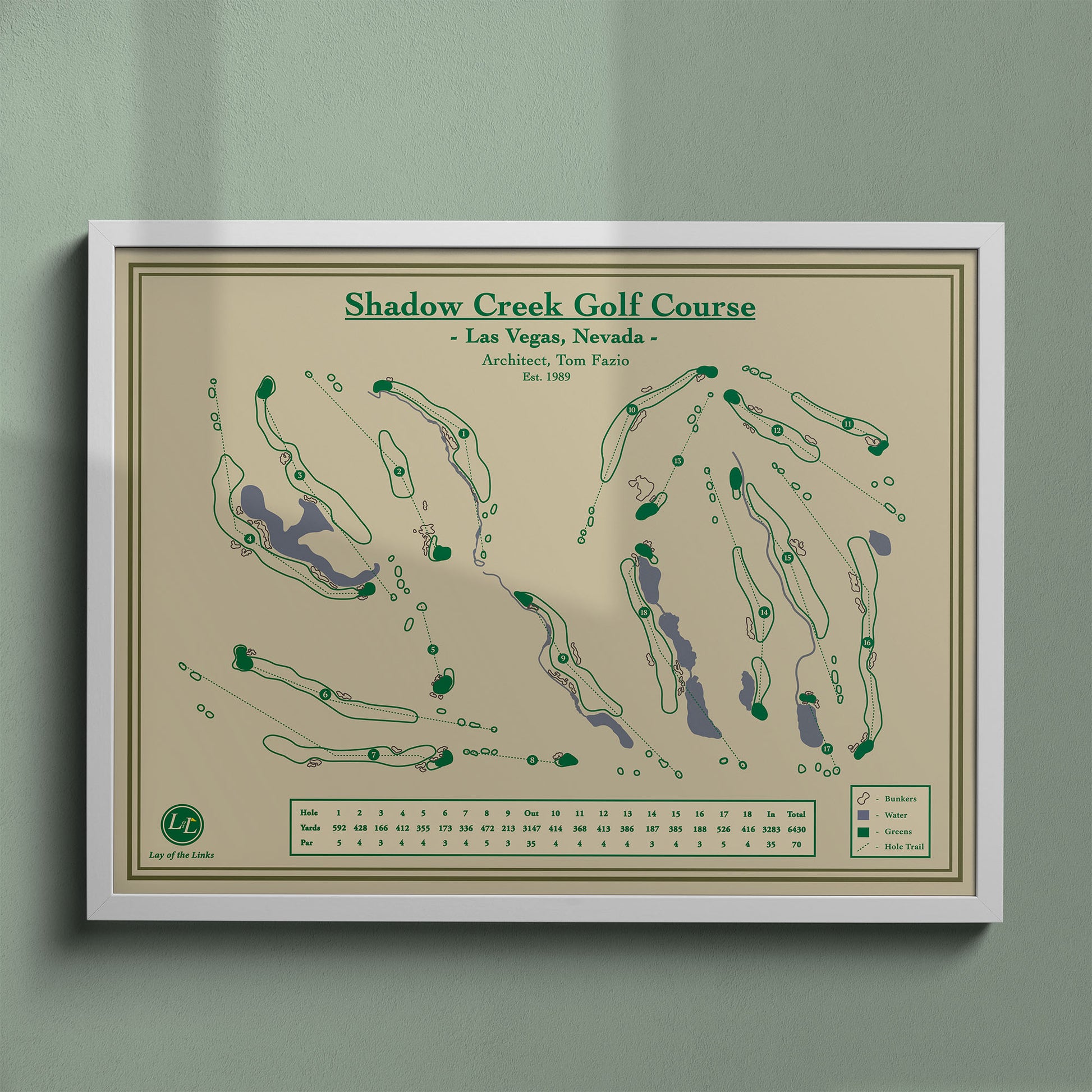 Shadow Creek map print in a white frame, featuring the ultra-exclusive course in Las Vegas, Nevada.
