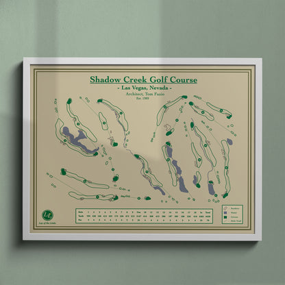 Shadow Creek map print in a white frame, featuring the ultra-exclusive course in Las Vegas, Nevada.