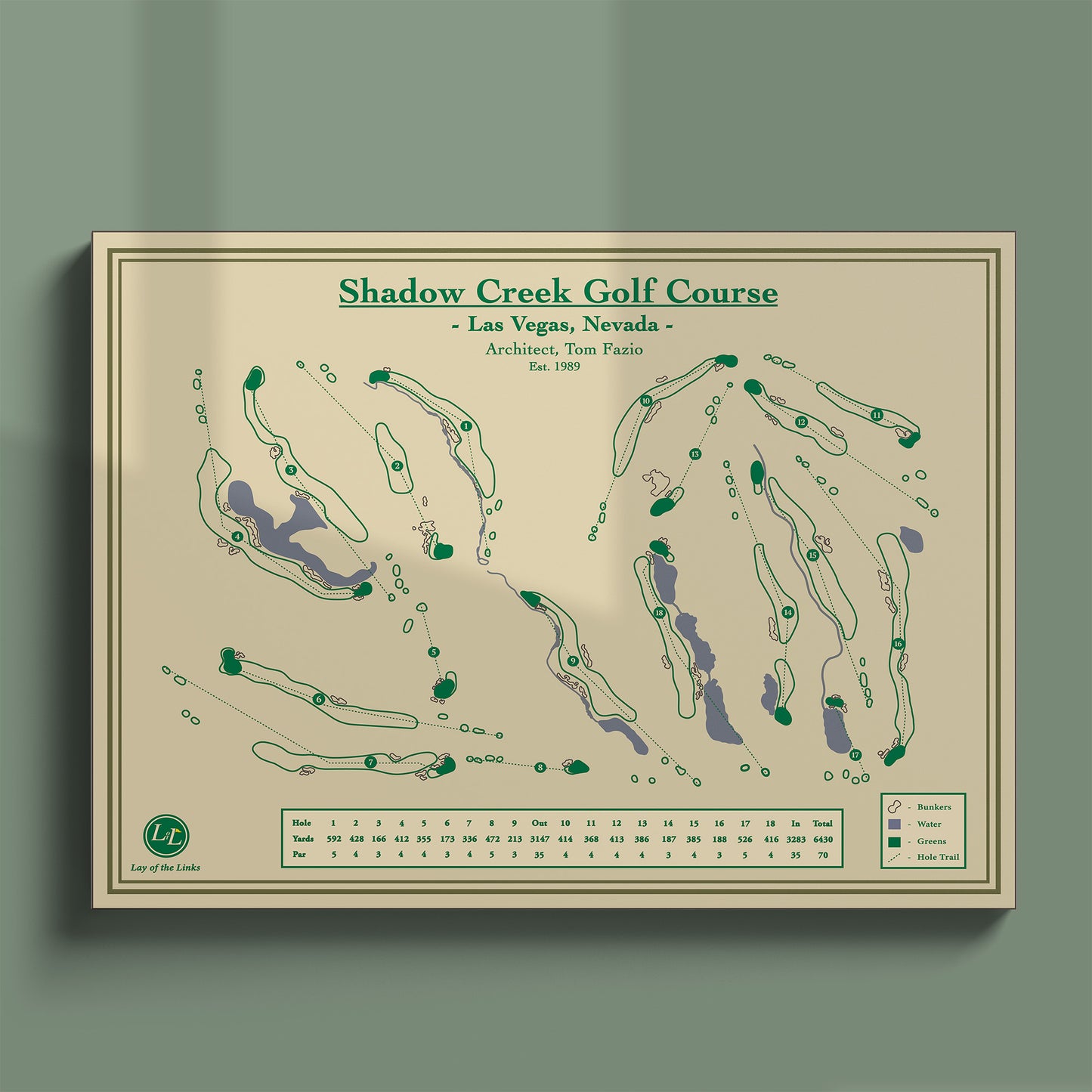 Shadow Creek course map poster print showing the lush routing and water features in the desert.