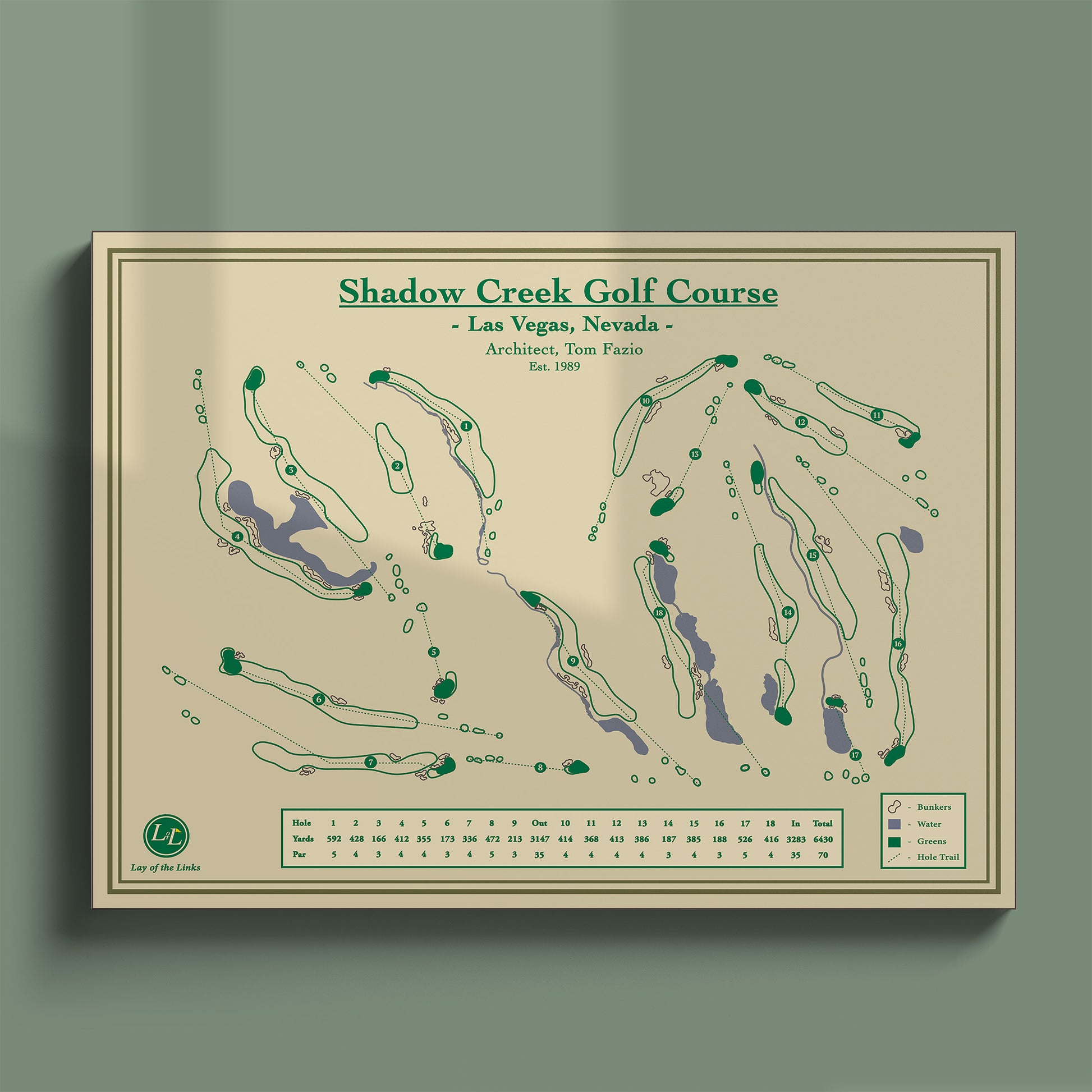 Shadow Creek course map poster print showing the lush routing and water features in the desert.