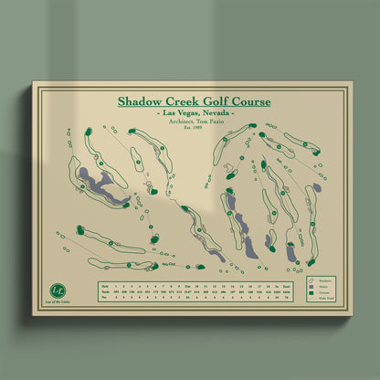 Shadow Creek course map poster print showing the lush routing and water features in the desert.