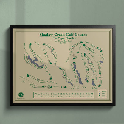 Framed Shadow Creek Golf Course map in a black wood frame showing the Tom Fazio design and man-made oasis.