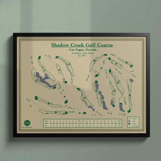 Framed Shadow Creek Golf Course map in a black wood frame showing the Tom Fazio design and man-made oasis.