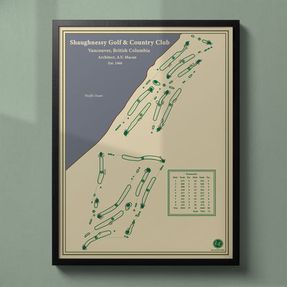 Framed Shaughnessy Golf & Country Club map in a black wood frame showing the legendary A.V. Macan design.