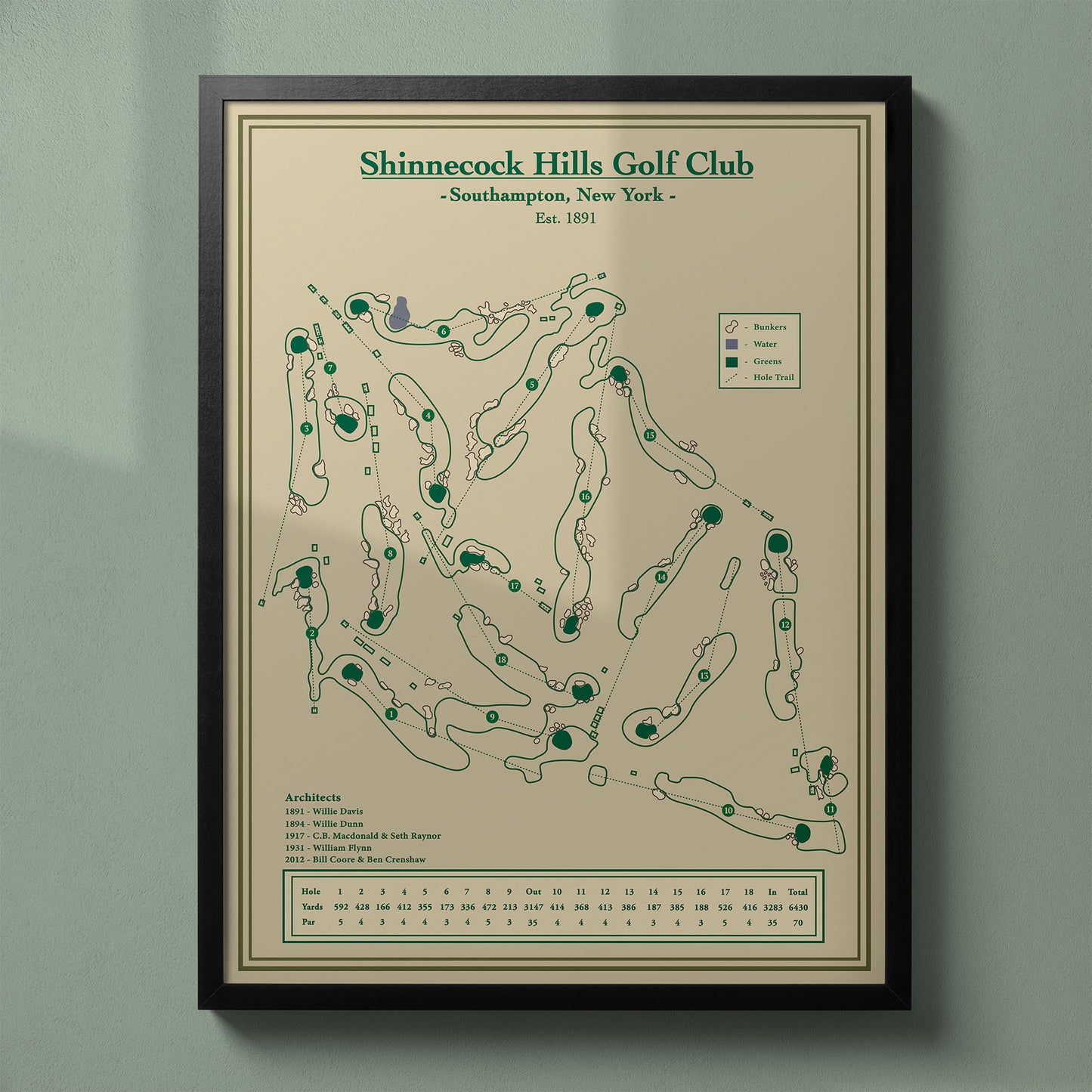 Shinnecock Hills Golf Club map in a black wood frame showing the fescue-lined fairways and wind-swept terrain.