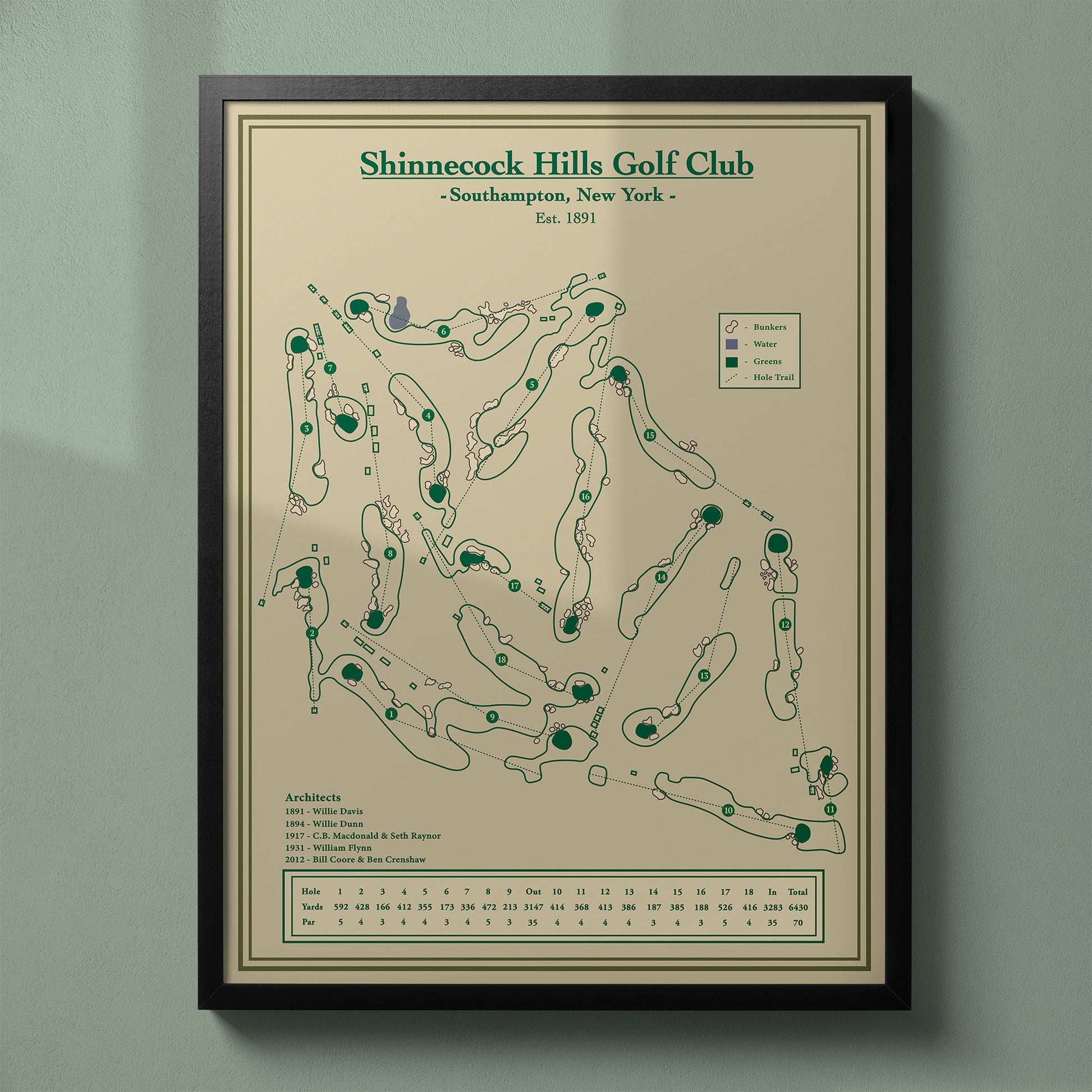 Shinnecock Hills Golf Club map in a black wood frame showing the fescue-lined fairways and wind-swept terrain.