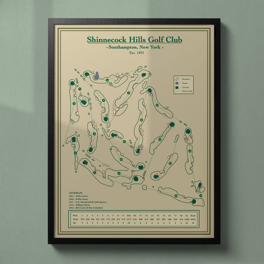 Shinnecock Hills Golf Club map in a black wood frame showing the fescue-lined fairways and wind-swept terrain.