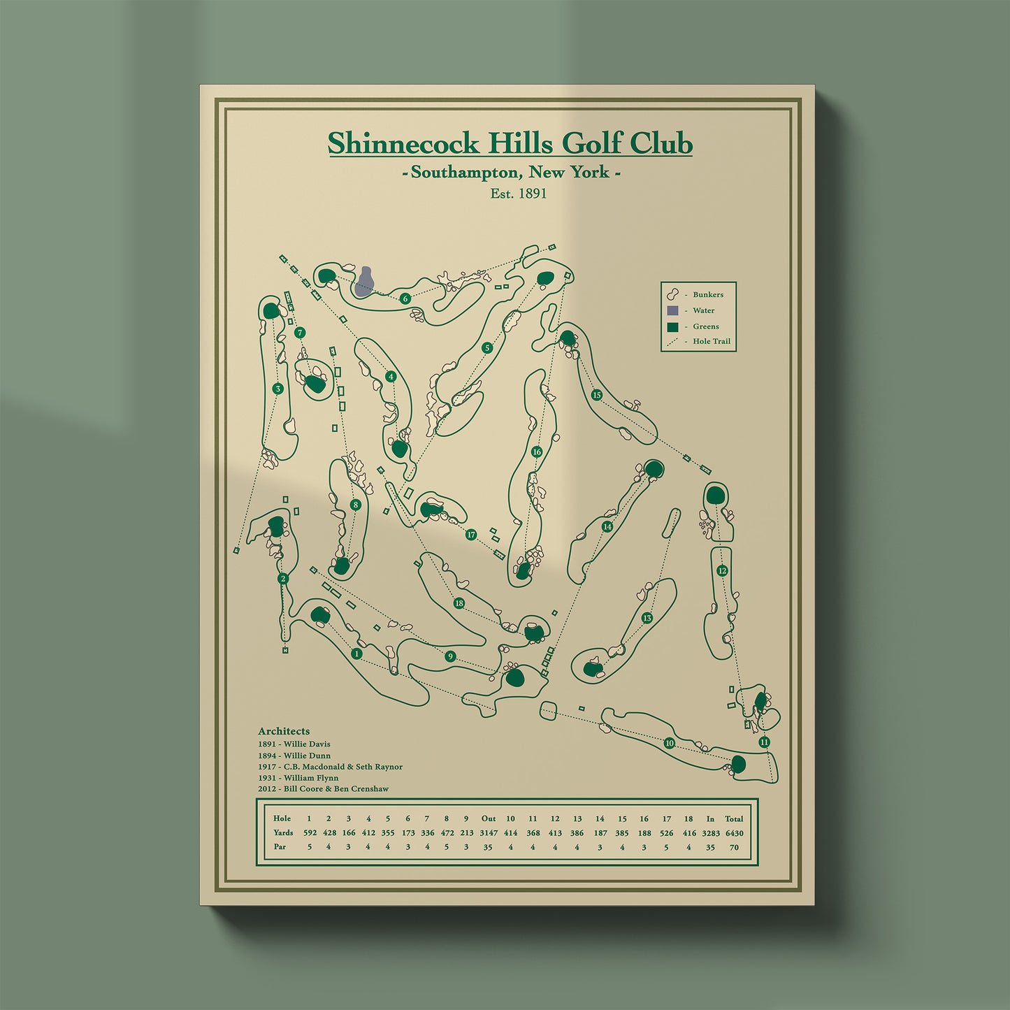 Shinnecock Hills course map poster print showing the full 18 hole routing and iconic clubhouse location.