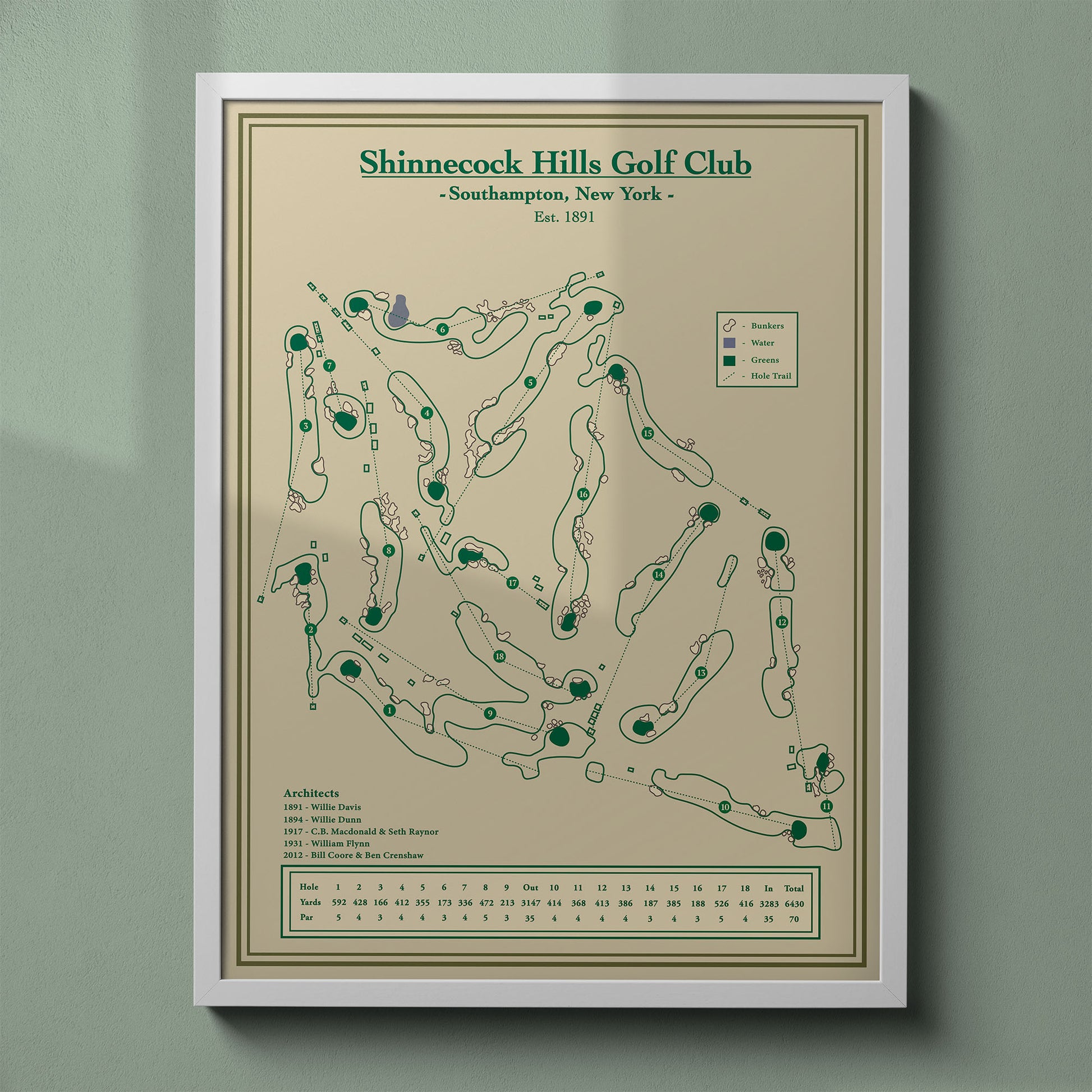 Shinnecock Hills map print in a white frame, featuring the historic US Open venue in the Hamptons.