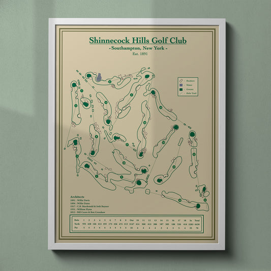 Shinnecock Hills map print in a white frame, featuring the historic US Open venue in the Hamptons.