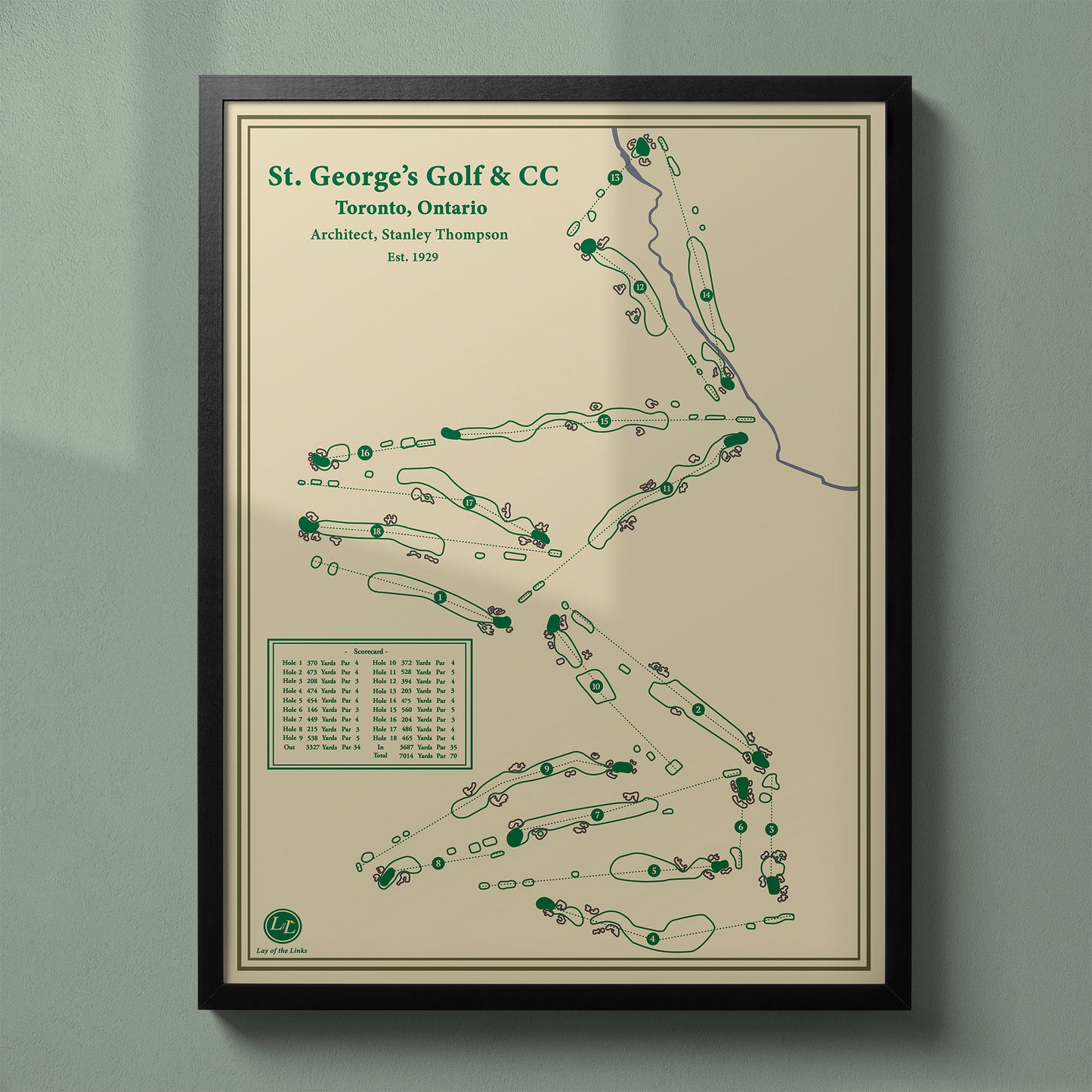 Framed St. George's Golf and Country Club map in a black wood frame showing the classic Stanley Thompson layout.