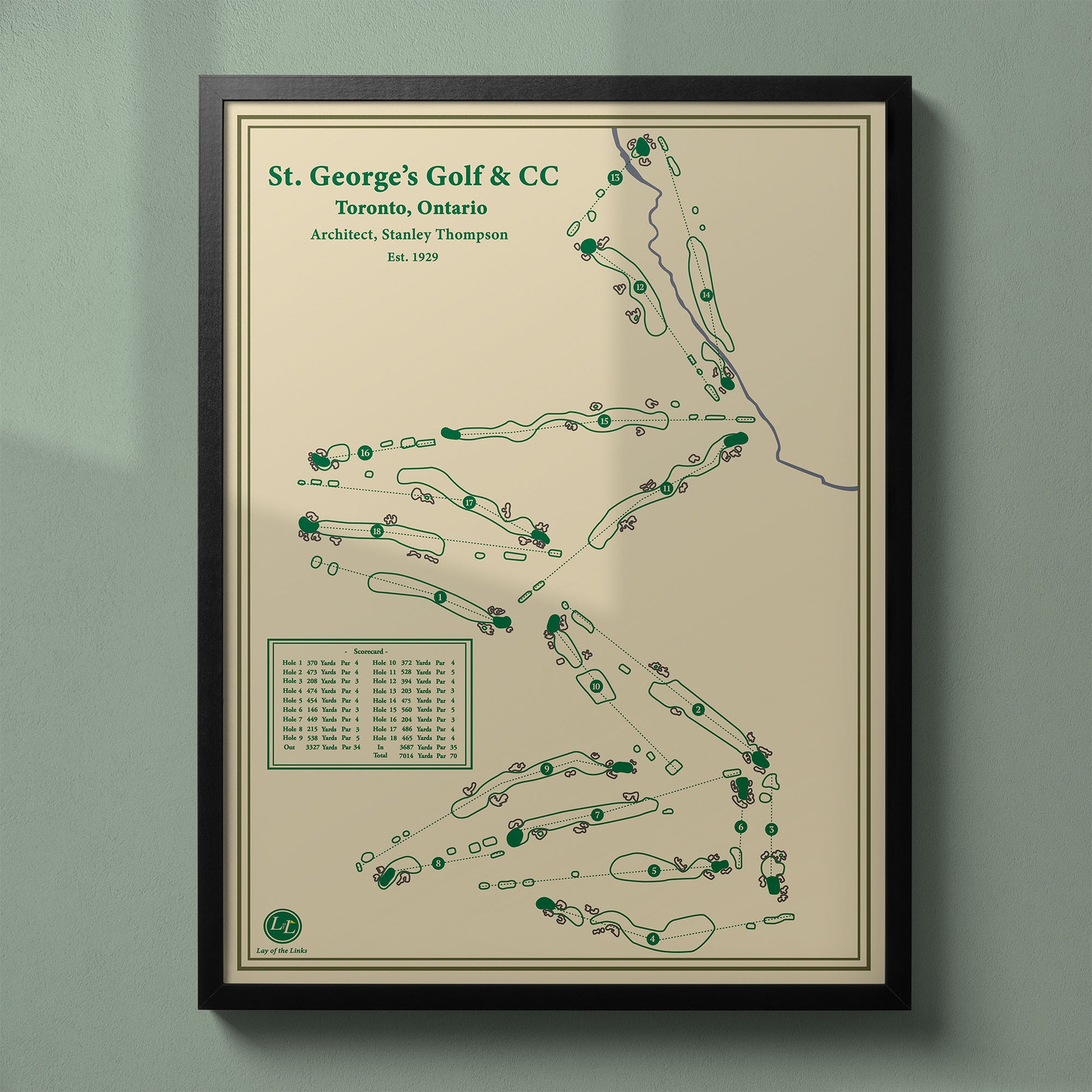 Framed St. George's Golf and Country Club map in a black wood frame showing the classic Stanley Thompson layout.