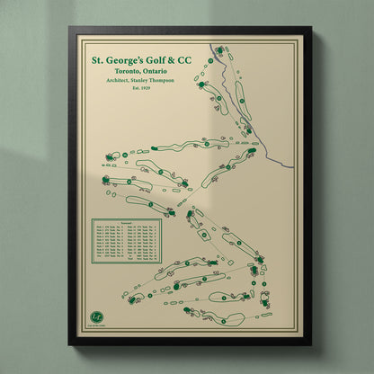 Framed St. George's Golf and Country Club map in a black wood frame showing the classic Stanley Thompson layout.
