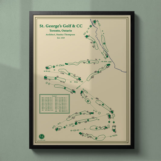 Framed St. George's Golf and Country Club map in a black wood frame showing the classic Stanley Thompson layout.