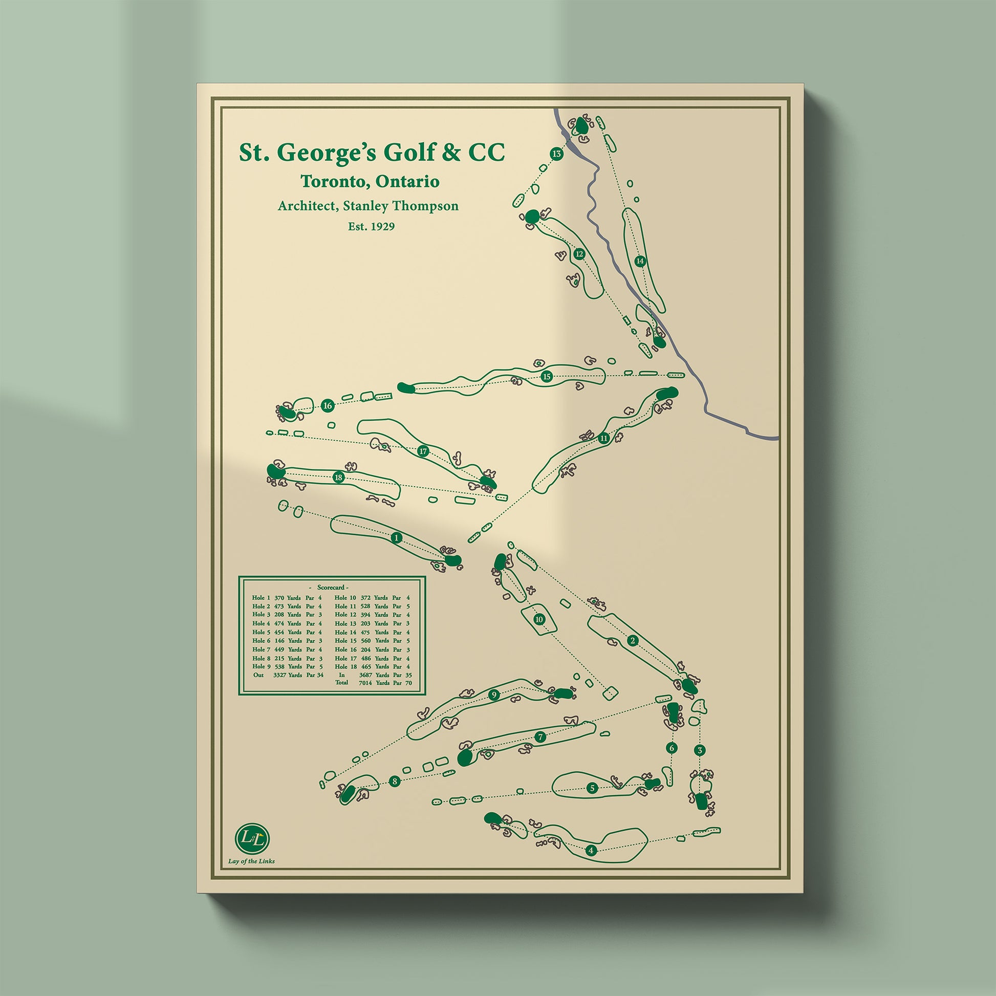 Unframed St. George's course map poster print showing the undulating routing of this world-ranked Toronto course.