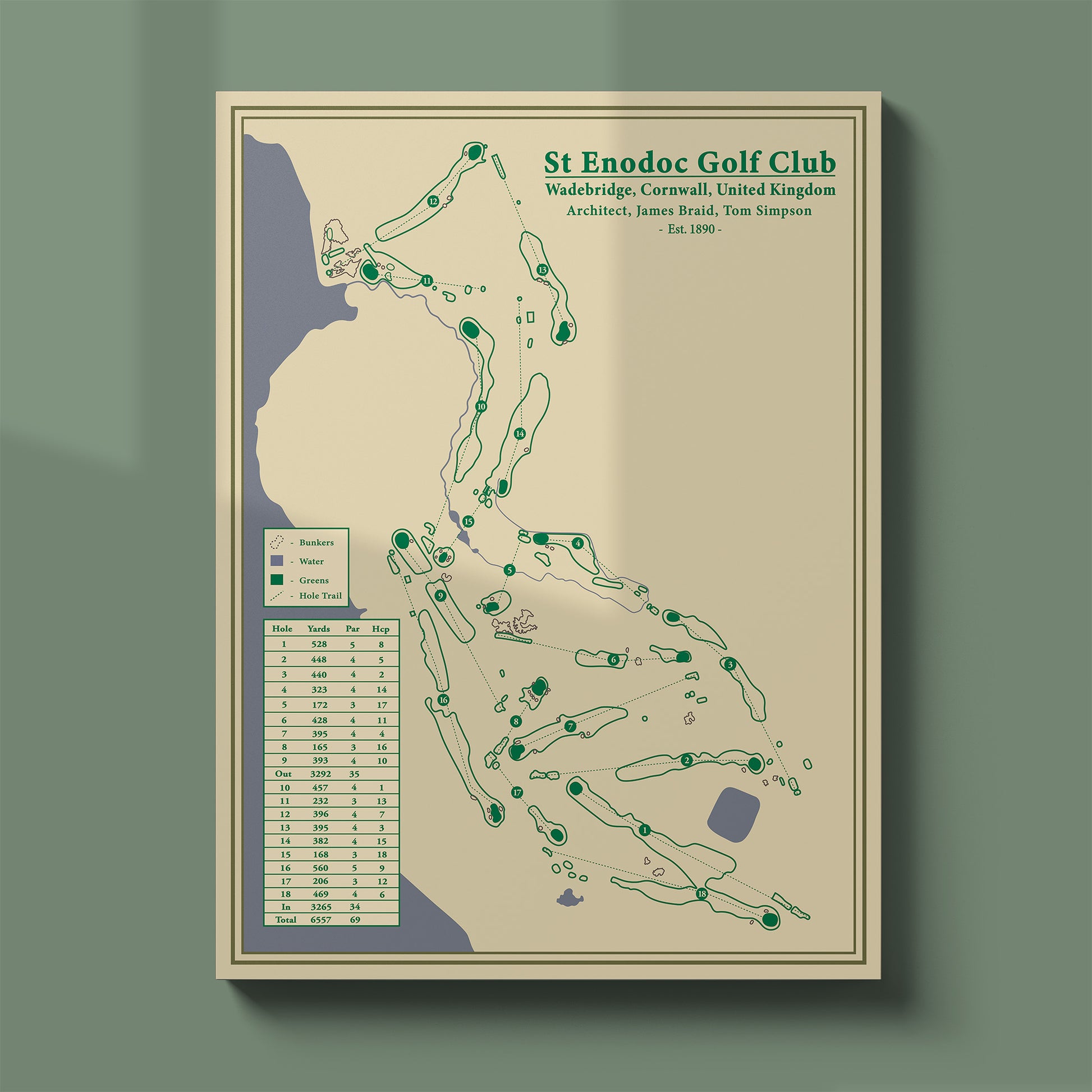 St Enodoc blueprint course map poster print showing the undulating routing through the Cornish dunes.