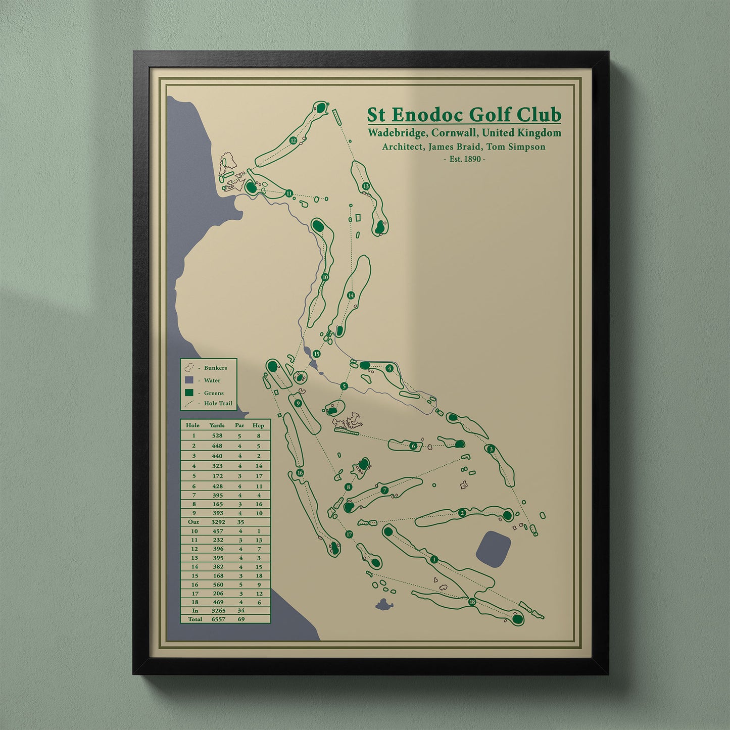 Framed St Enodoc Golf Club map in a black wood frame showing the James Braid design and Camel Estuary views.