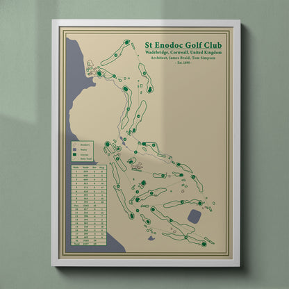 St Enodoc Church Course map print in a white frame, featuring the famous Himalaya bunker and ancient church landmark.