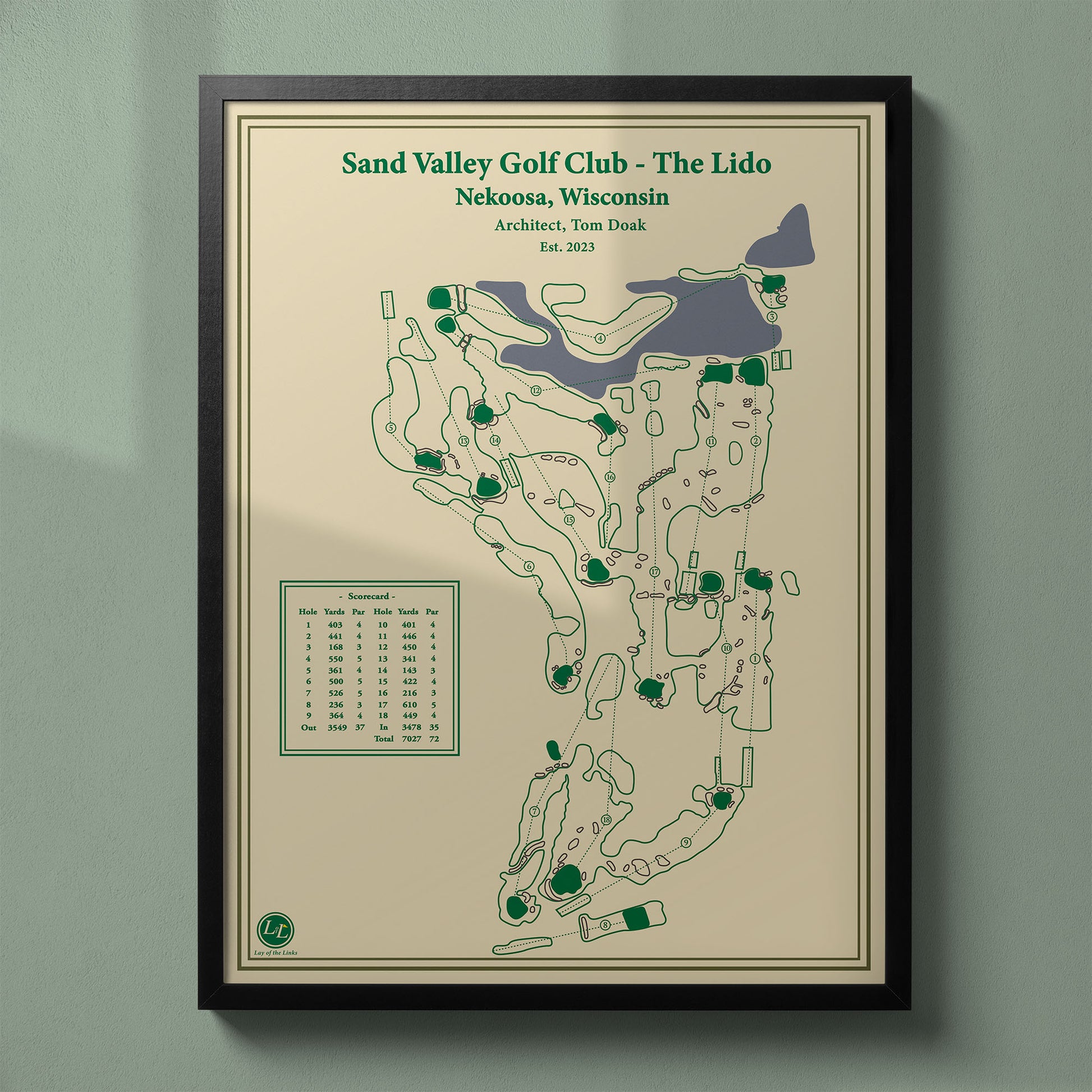 Framed map of The Lido at Sand Valley in a black wood frame showing the Tom Doak recreation of C.B. Macdonald's lost gem.