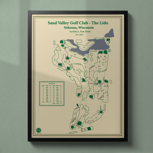 Framed map of The Lido at Sand Valley in a black wood frame showing the Tom Doak recreation of C.B. Macdonald's lost gem.