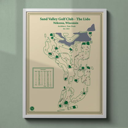 The Lido at Sand Valley golf course map print in a white frame, featuring the historic "ghost course" layout in Wisconsin.