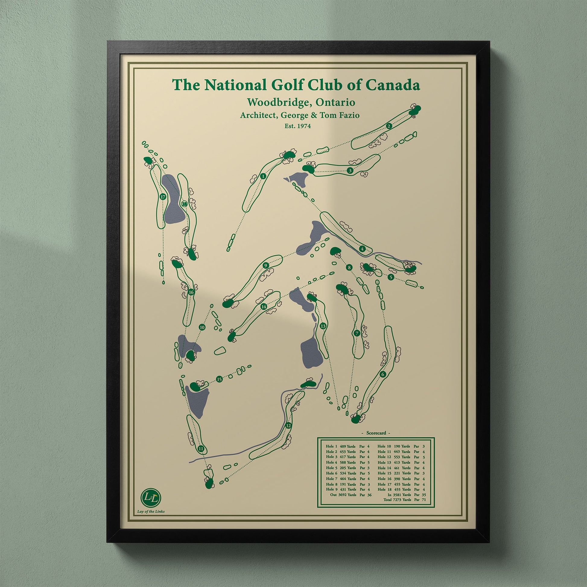 Framed The National Golf Club of Canada map in a black wood frame showing the famous George & Tom Fazio design.