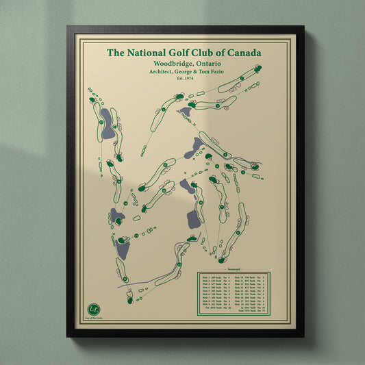 Framed The National Golf Club of Canada map in a black wood frame showing the famous George & Tom Fazio design.
