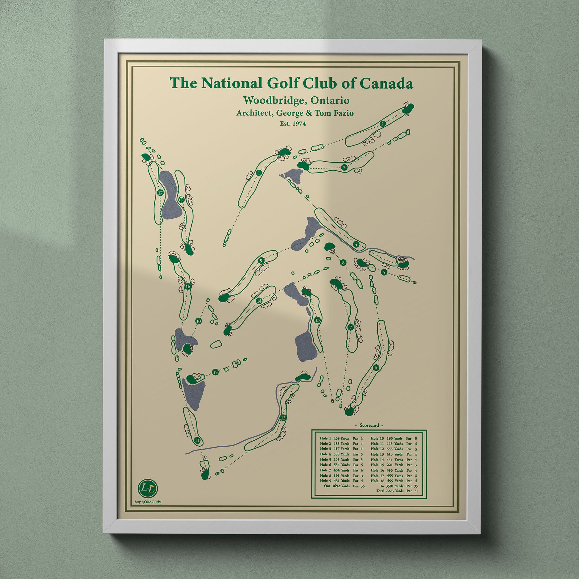 The National Golf Club of Canada map print in a white frame, featuring the layout known as the country's toughest test of golf.