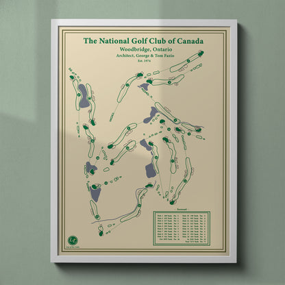 The National Golf Club of Canada map print in a white frame, featuring the layout known as the country's toughest test of golf.