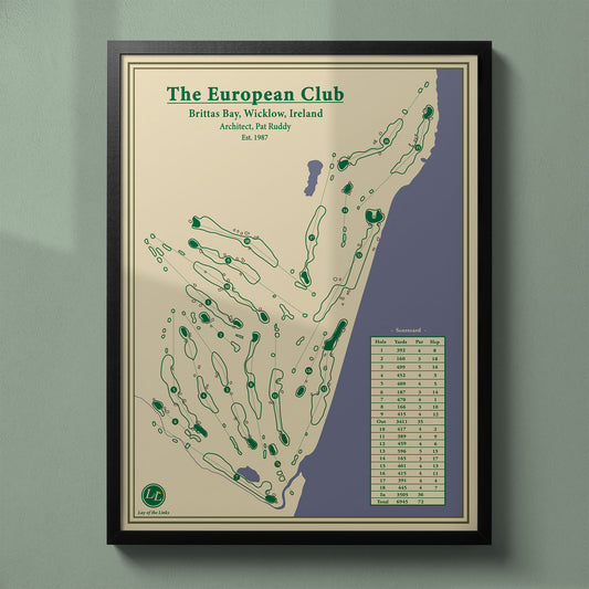 Framed The European Club map in a black wood frame showing the Pat Ruddy design and railway sleeper bunkers.