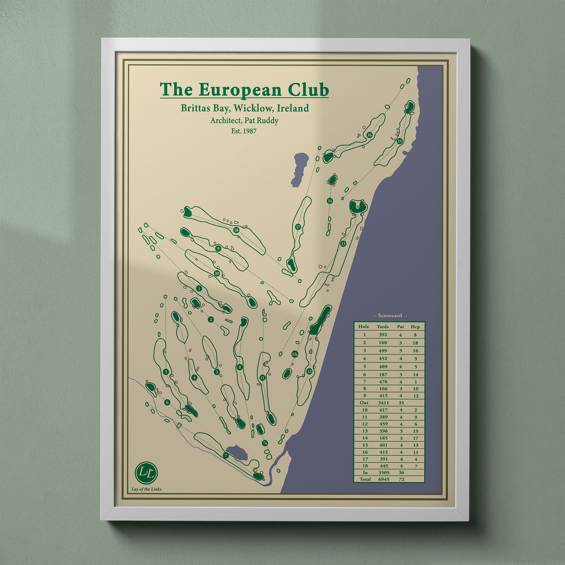 The European Club map print in a white frame, featuring the rugged links layout on Brittas Bay, Ireland.