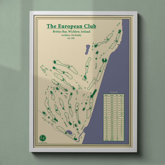 The European Club map print in a white frame, featuring the rugged links layout on Brittas Bay, Ireland.