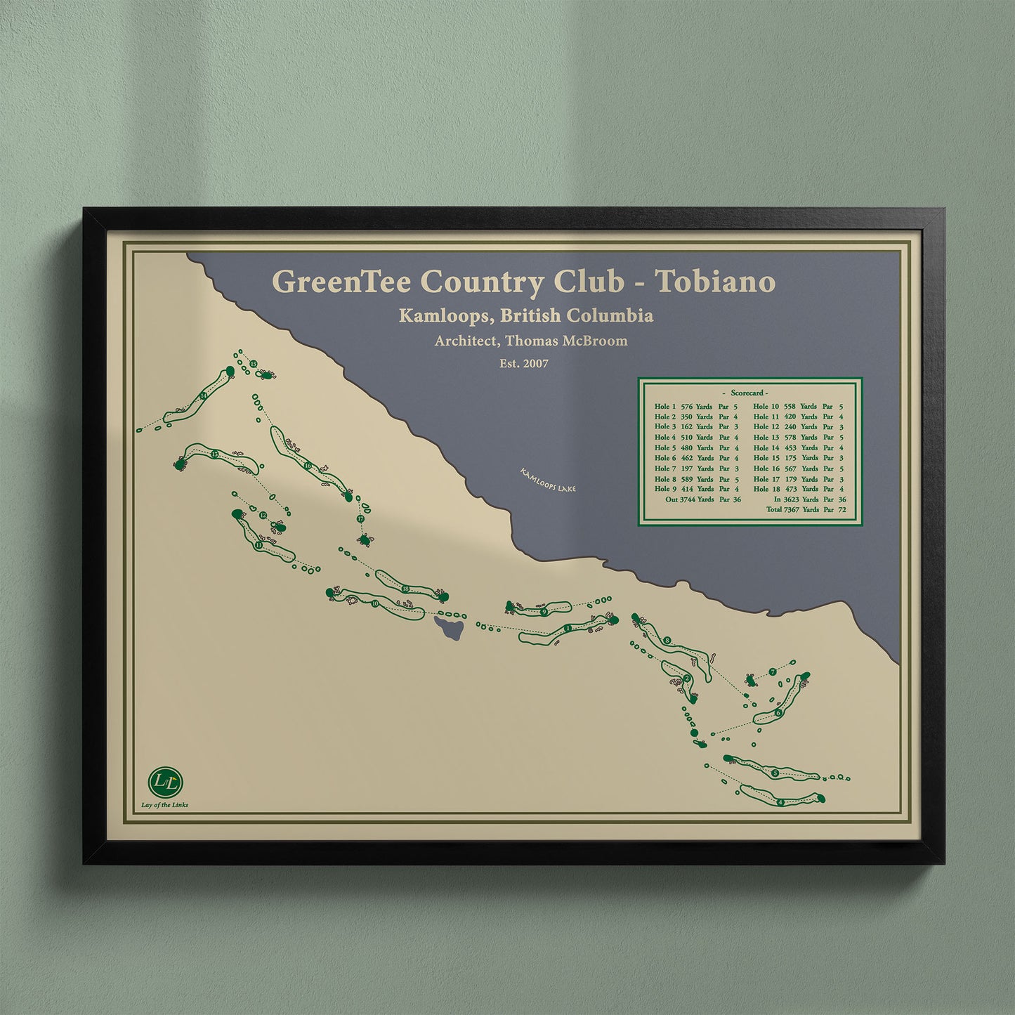 Framed Tobiano Golf Course map in a black wood frame showing the rugged Thomas McBroom design.
