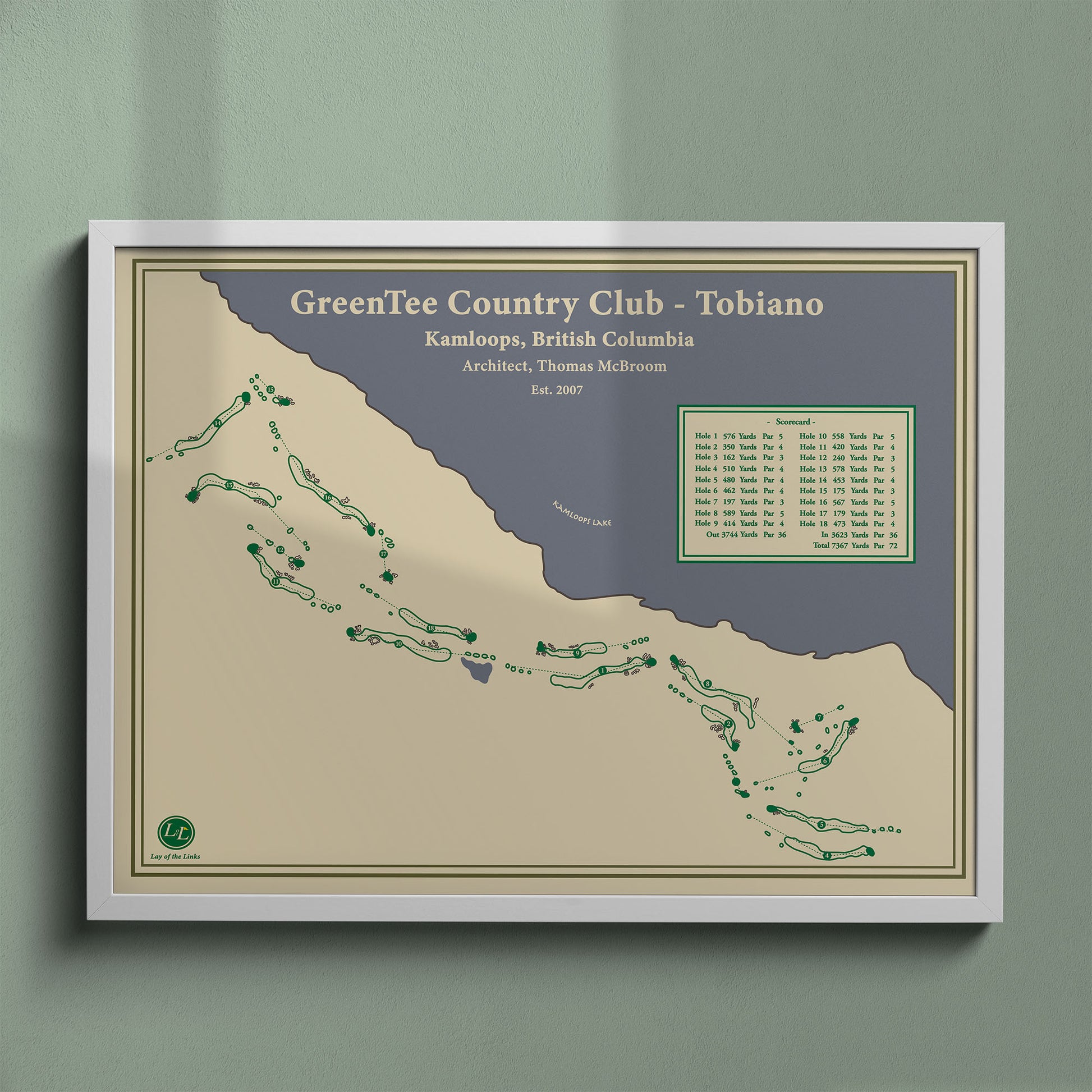 Tobiano Golf Course map print in a white frame, featuring the dramatic desert canyon layout in Kamloops.