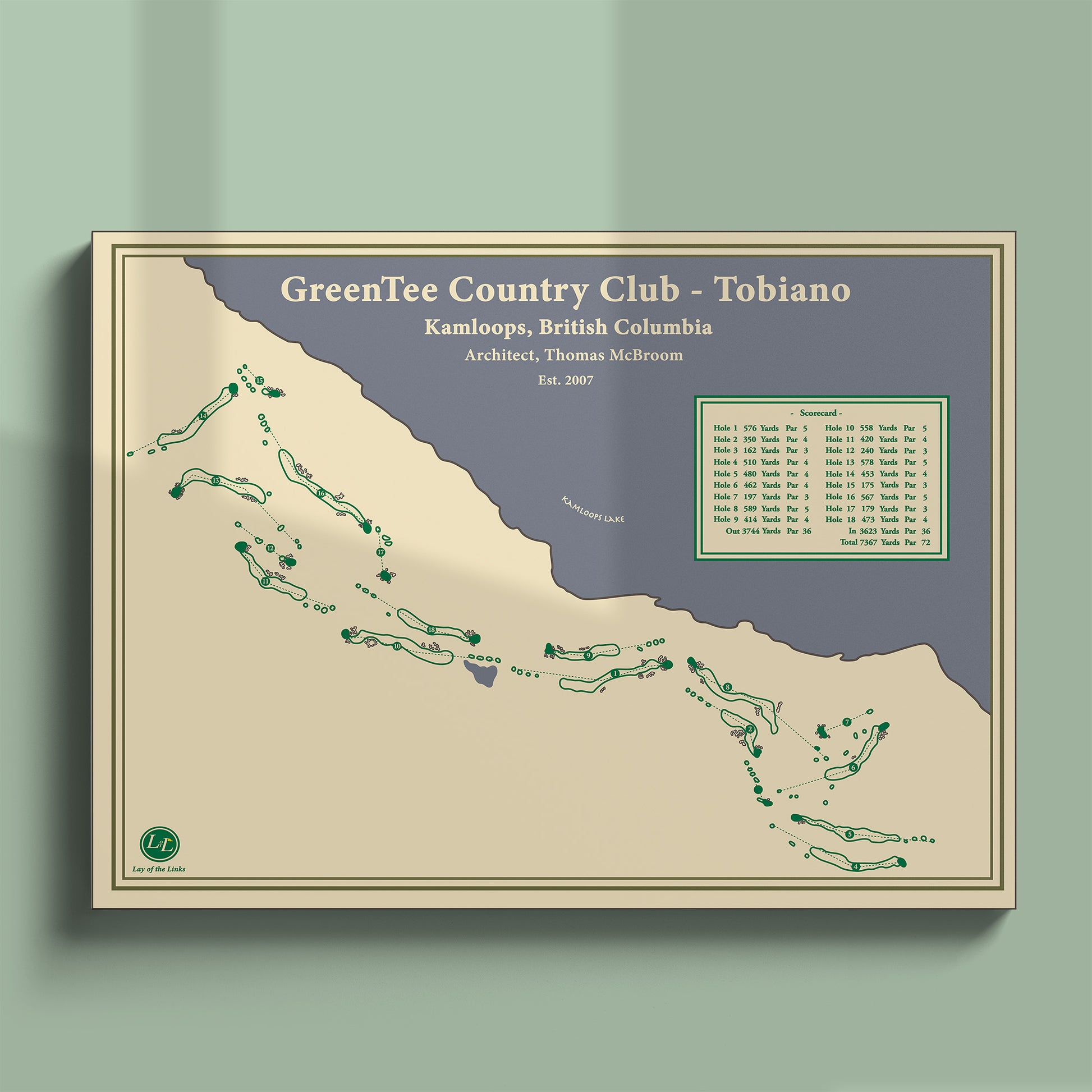 Unframed Tobiano course map poster print showing the 18 hole routing overlooking Kamloops Lake.