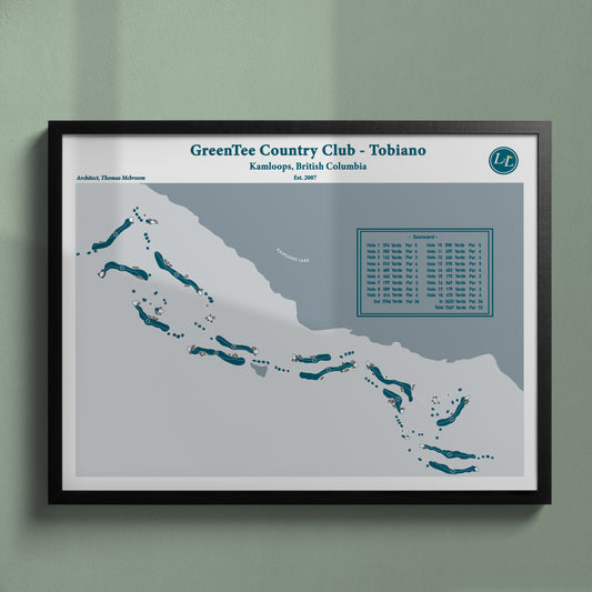 Black Framed Course map of GreenTee Country Club Tobiano - Legacy Series