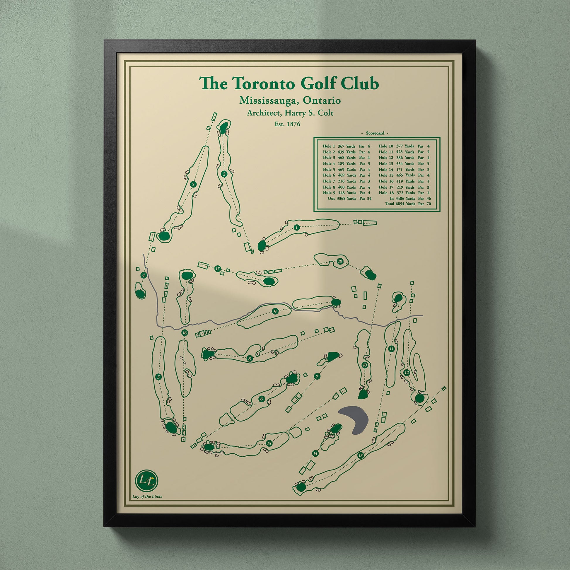 Framed The Toronto Golf Club map in a black wood frame showing the historic Harry Colt design.