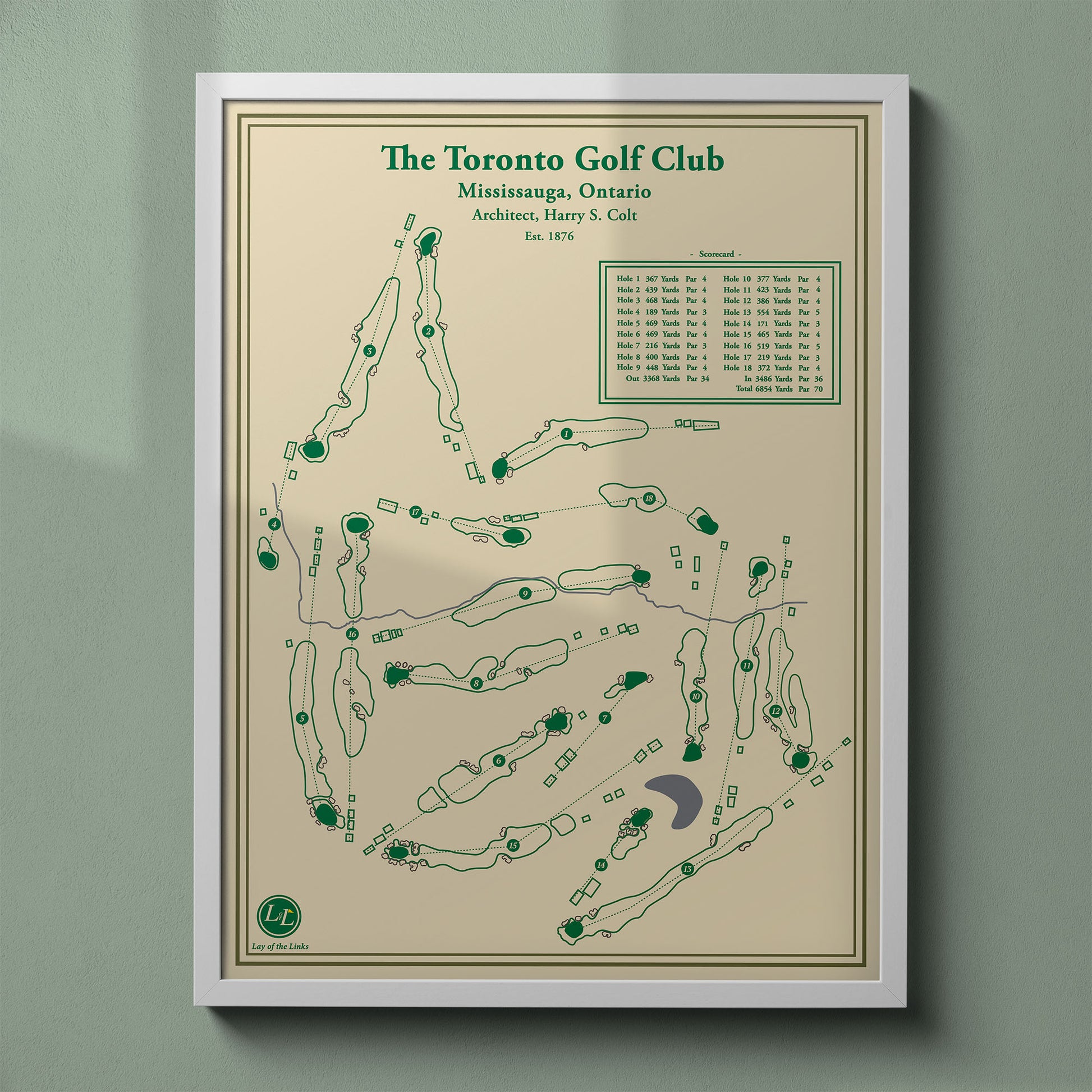 The Toronto Golf Club map print in a white frame featuring the classic heathland layout and 3rd oldest club in North America.