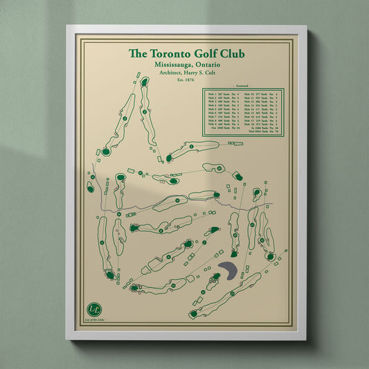 The Toronto Golf Club map print in a white frame featuring the classic heathland layout and 3rd oldest club in North America.
