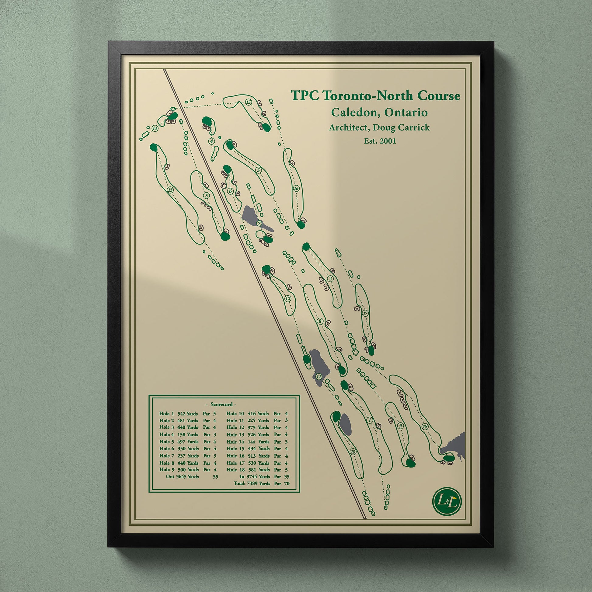 Framed TPC Toronto (North Course) map in a black wood frame showing the lush Doug Carrick parkland design.