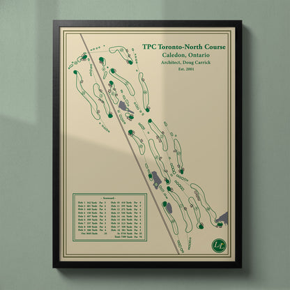 Framed TPC Toronto (North Course) map in a black wood frame showing the lush Doug Carrick parkland design.