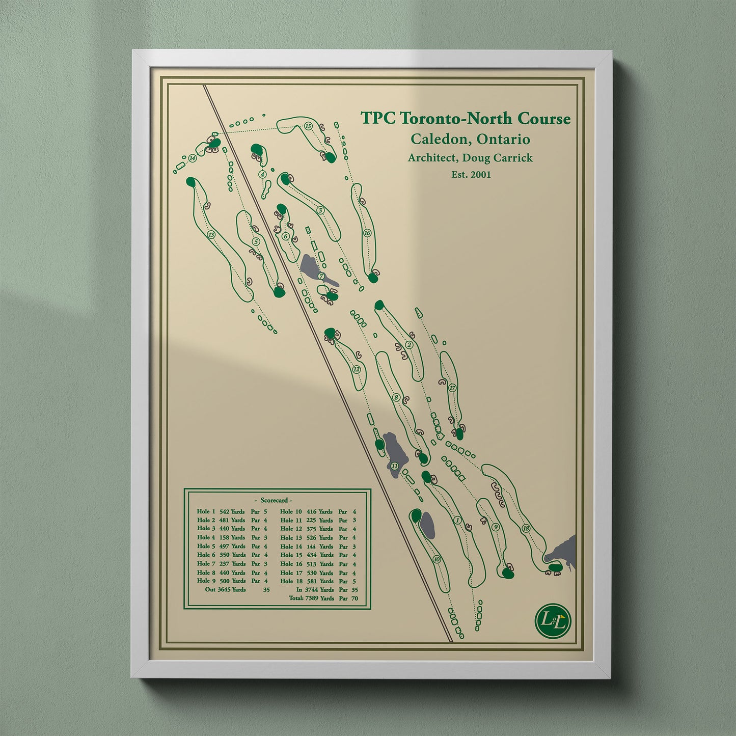 TPC Toronto North Course map print in a white frame, featuring the layout formerly known as "The Toot" at Osprey Valley.