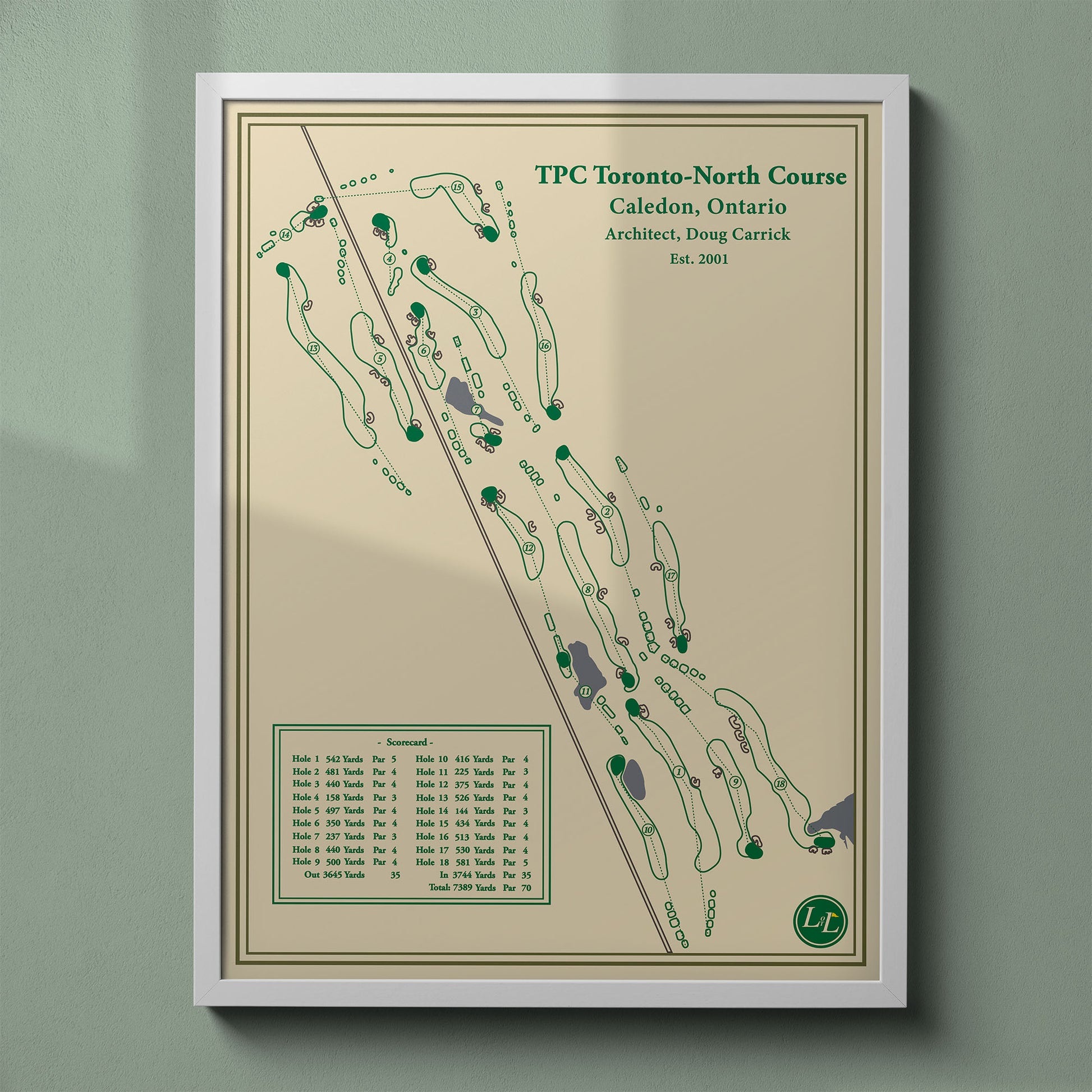 TPC Toronto North Course map print in a white frame, featuring the layout formerly known as "The Toot" at Osprey Valley.