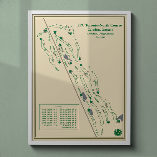 TPC Toronto North Course map print in a white frame, featuring the layout formerly known as "The Toot" at Osprey Valley.